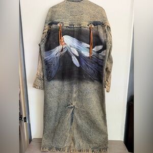 Vintage Airbrushed Denim Southwest Western Duster Trench Coat Navajo Art XL READ
